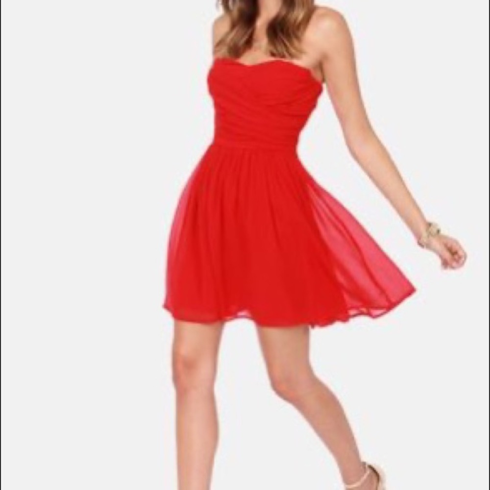 Lulu’s Sash Flow Strapless Red Chiffon Dress